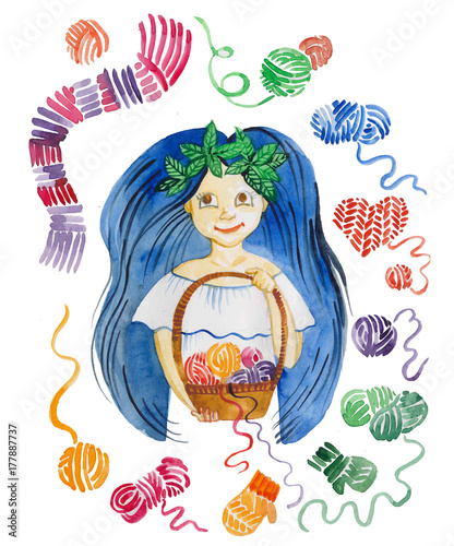 акварельный рисунок, девочка с корзиной пряжи, вязание и пряжа