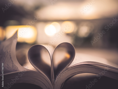 Heart from a book page against a beautiful sunset soft focus, retro style.