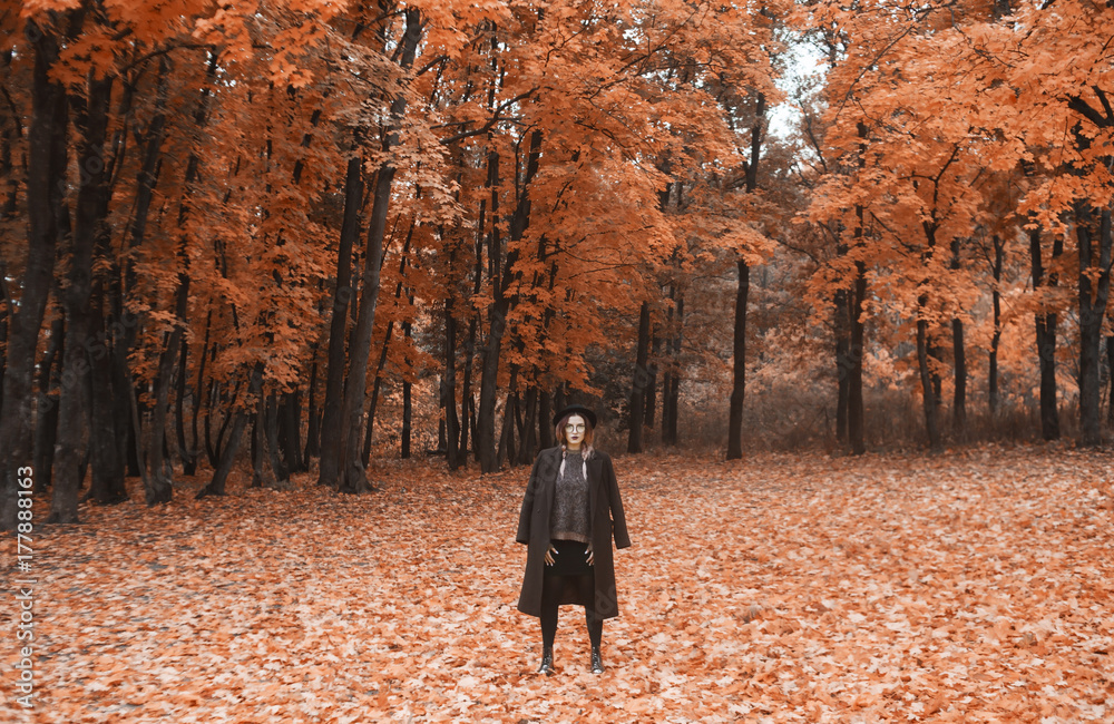Fototapeta premium Girl on nature, autumn, yellow foliage