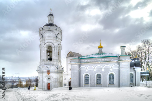 Church of the St. George and bell tower, in Kolomenskoye. Snowfall