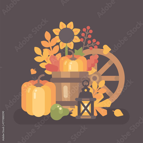 Autumn rural still life scene. Fall harvest background flat illustration