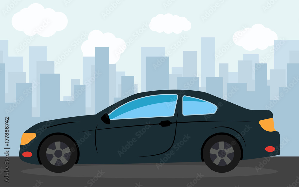 Black sports car in the background of skyscrapers in the afternoon.  Vector illustration.
