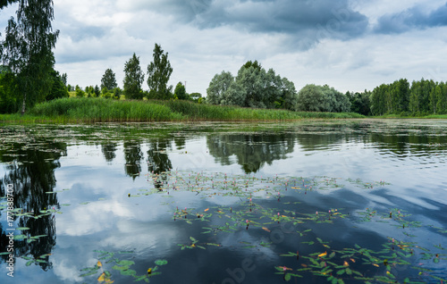 Reflections in a lake with sky and trees