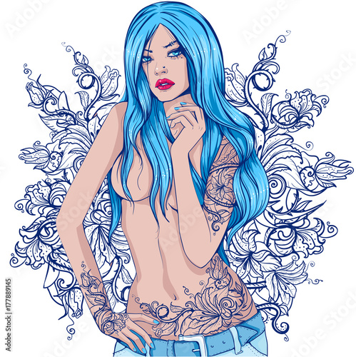 graphics beautiful girl with blue long hair and a tattoo on the body and the hands