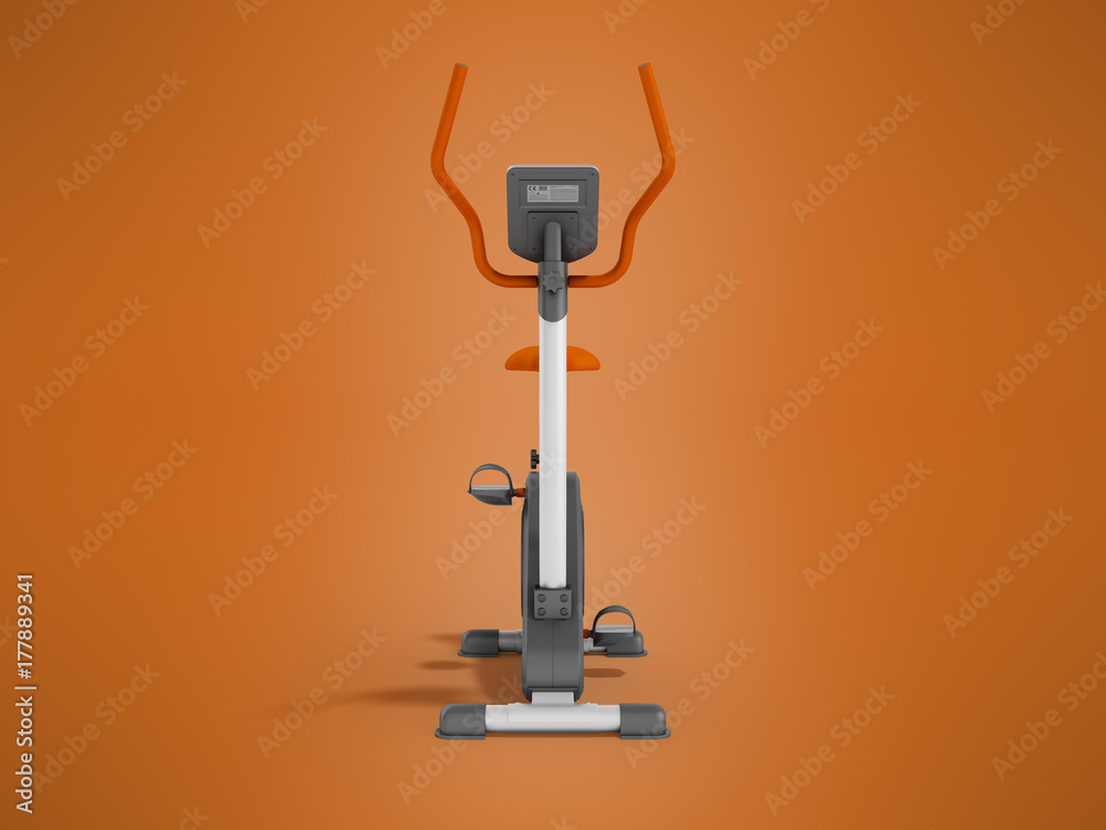 Modern sport exercise bike for home use with electronic fitness sensor orange front 3d rendering on orange background Modern sport exercise bike for home use with electronic fitness sensor orange front 3d rendering on orange background