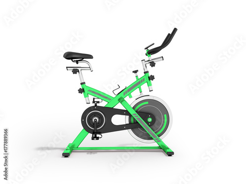 Modern sporty treadmill green side view 3d render on white background