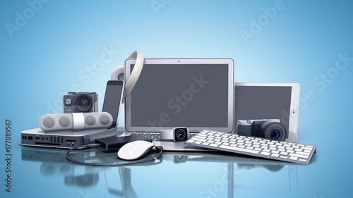 collection of consumer electronics 3D render on blue background