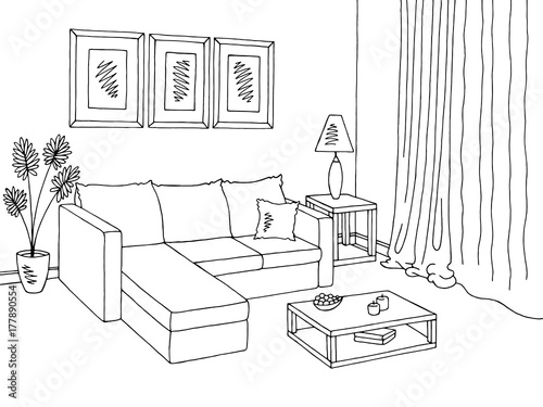 Living room graphic black white interior sketch illustration vector