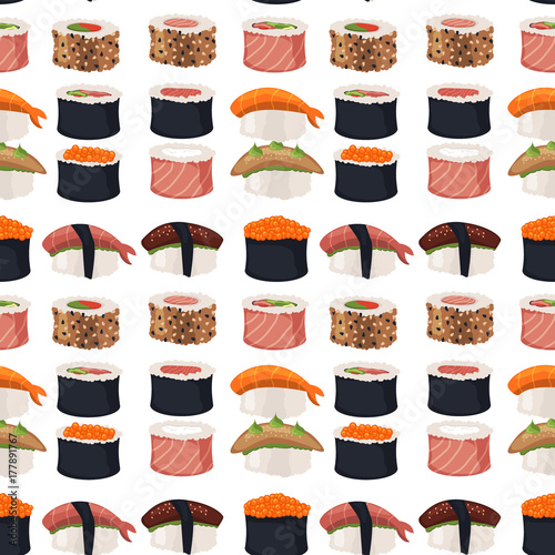 Sushi rolls sashimi seafood fish rice seamless pattern background japanese food fresh soy sauce japan meal maki raw shrimp restaurant traditional asian cuisine vector illustration.