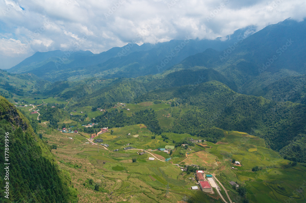 Aerial view of Muong valley with rice terraces and mountains