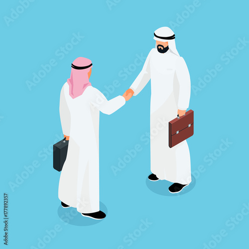 Isometric businessmen shake hands.