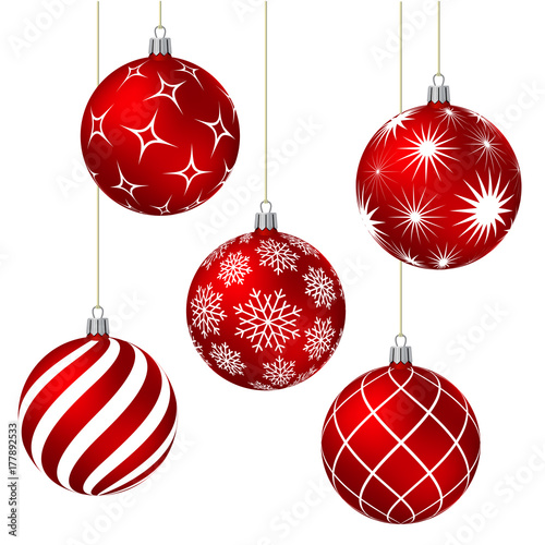 Red christmas balls with different patterns