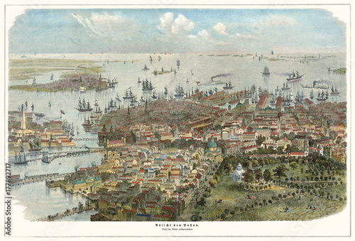 Old aerial view of Boston, Massachusetts.  Created by J.C.W. Aarland, publ. Germany (?)