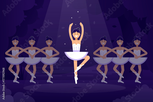 Ballet vector flat illustration, ballerinas in dancing on the stage with light on the dark background. Ballet prima ballerina performance. Ballet flat design banner stock illustration