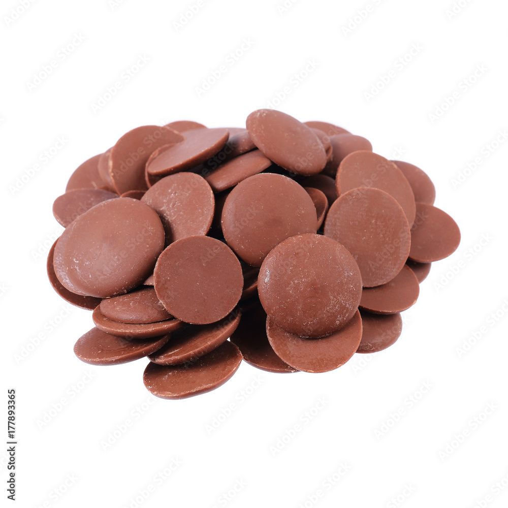 pile of circle dark chocolate chip isolated on white pile of circle dark chocolate chip isolated on white