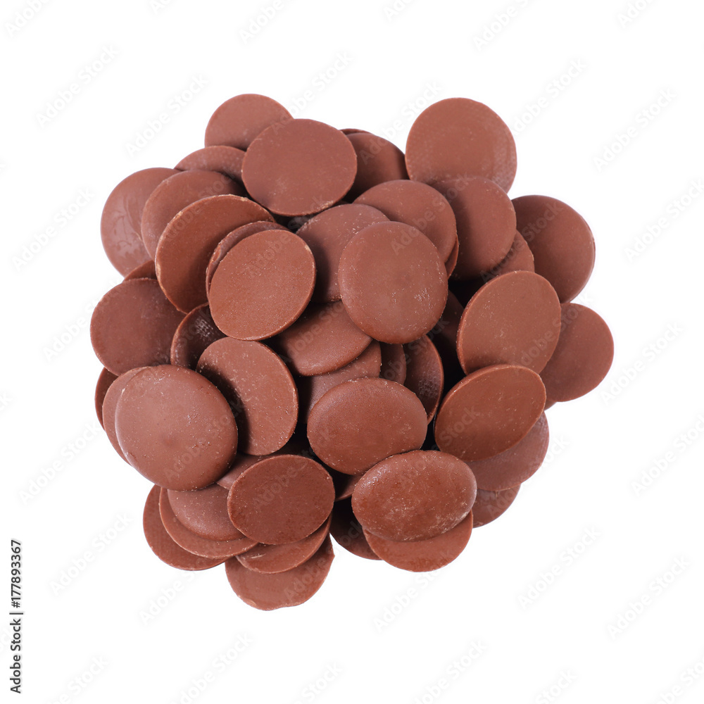 pile of circle dark chocolate chip isolated on white pile of circle dark chocolate chip isolated on white