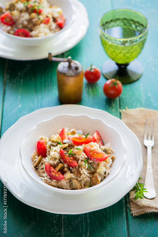 salad of brown rice with tomatoes and eggplants salad of brown rice with tomatoes and eggplants