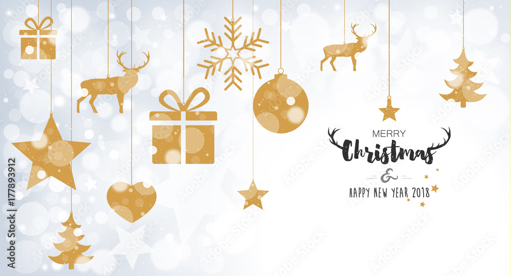 Christmas Card 2018 with hanging gold decorations on bokeh