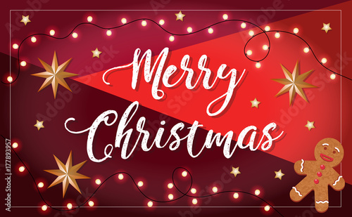 Merry Christmas vector illustration with gingerbread man, stars and lights. Greetings card design template