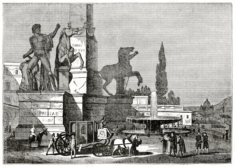 Old grayscale illustration of a ancient fountain close to other monuments. Fontana dei Dioscuri, Piazza del Quirinale, Rome. By unidentified author, published on  Penny Magazine, London, 1835