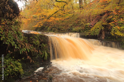 Lynn falls  on Lugton Water west of Dalry  North Ayrshire  Scotland with autumn trees in background.