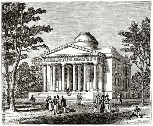 Old black and white illustration of a classical monument in a vintage garden. Hunterian Museum, Glasgow, Scotland. By unidentified author, published on the Penny Magazine, London, 1835  photo