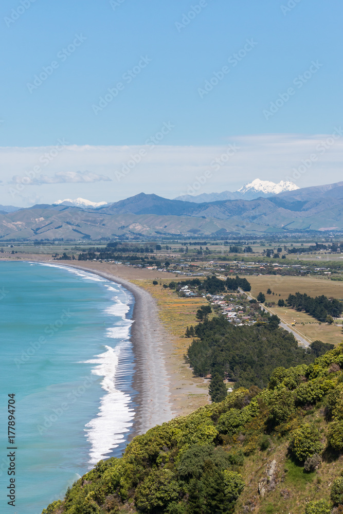 aerial view of Cloudy Bay with Rarangi beach in New Zealand