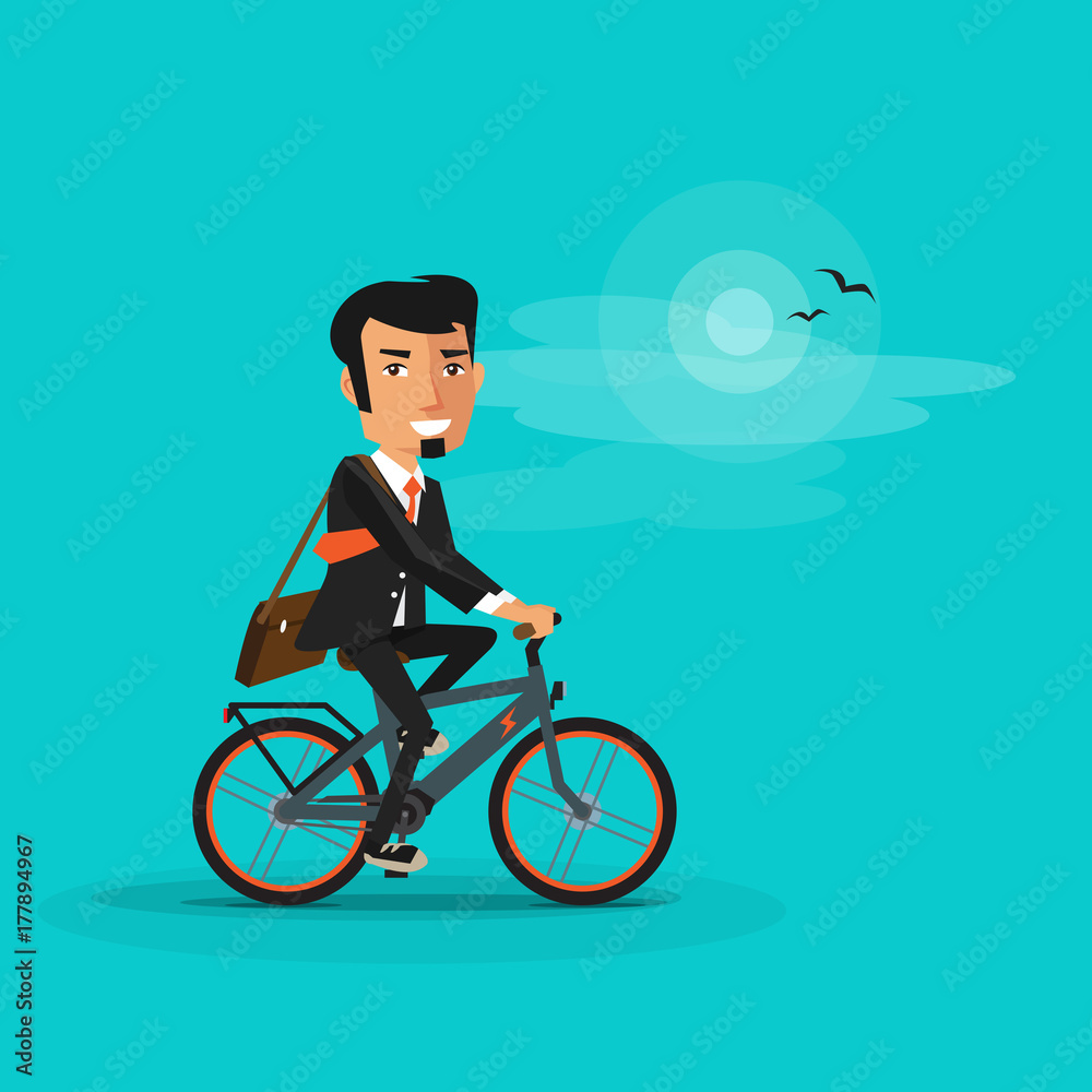 Vector illustration of man riding a modern electric bicycle in cartoon  style on turquoise background. Business man in suit going to work by bike.  Ebike new future technology in urban transportation. Stock