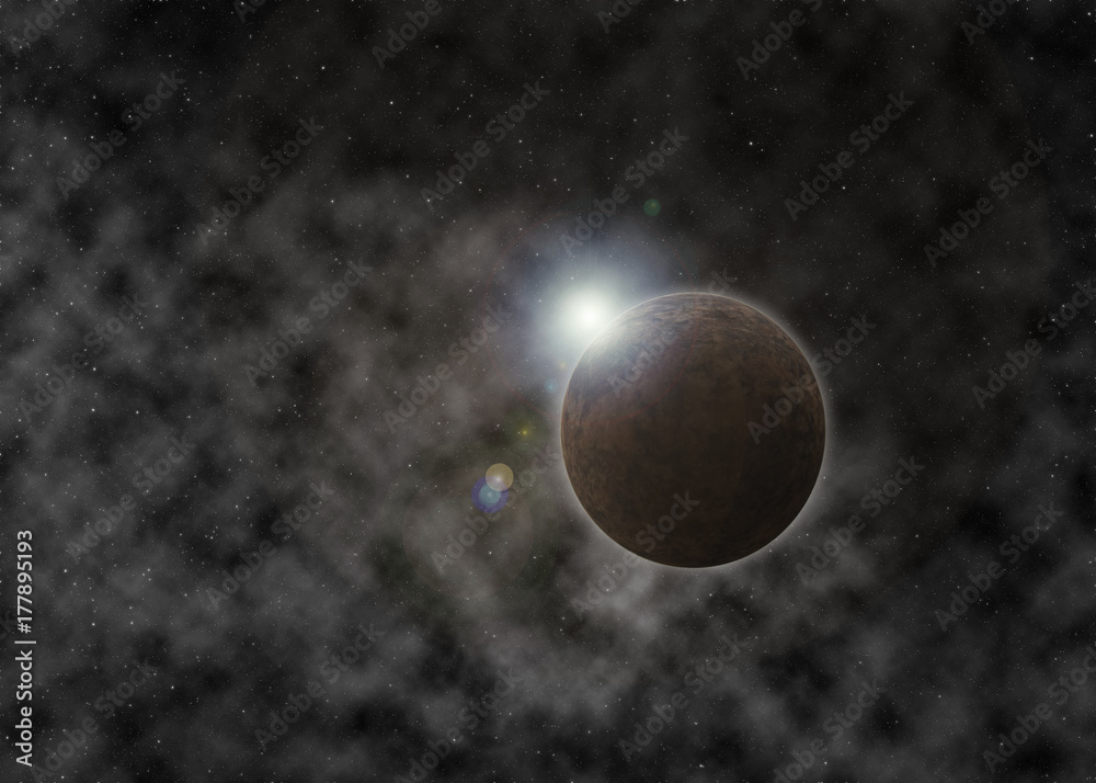 Extrasolar planet. Stone Planet with moon on background nebula. 3D illustration