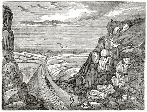 Old grayscale illustration of South Hetton Railway termination in Seaham seaport, Uniterd Kingdom. By unidentified author, published on  Penny Magazine, London, 1835 photo