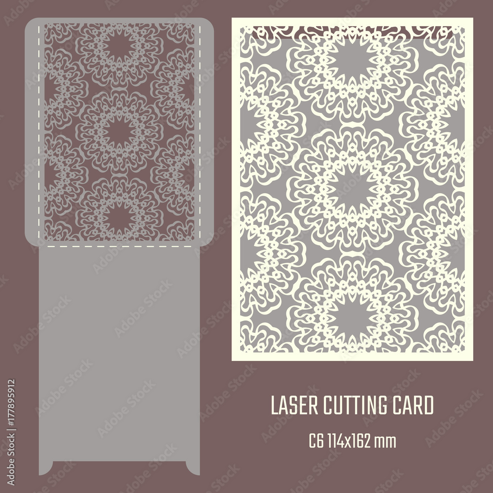Fototapeta premium DIY laser cutting vector envelope. Wedding die cut invitation template. Cutout silhouette card. Scrapbook carved paperwork.