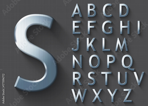 Set of polished steel 3D uppercase english letters. Steel metallic shiny font on gray background. Good typeset for technology and production concepts. Transparent shadow, EPS 10 vector illustration.
