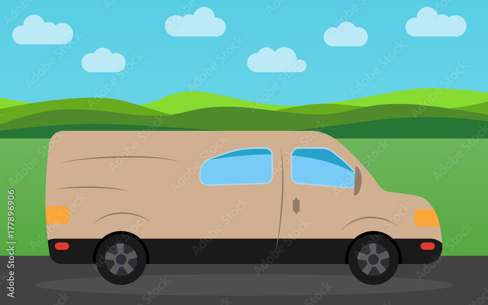 Minibus in the background of nature landscape in the daytime.  Vector illustration.
