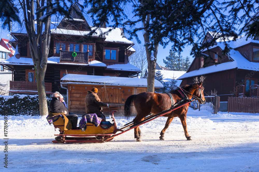 Horse cart ride in snowy Zakopane, Poland