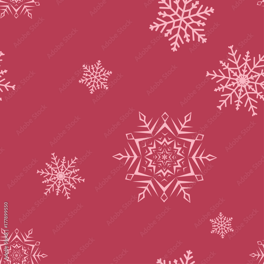 Fototapeta premium Snowflakes seamless pattern. Cherry red background with christmas elements