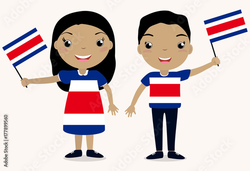 Картината върху платно Smiling chilldren, boy and girl, holding a Costa Rica flag isolated on white background
