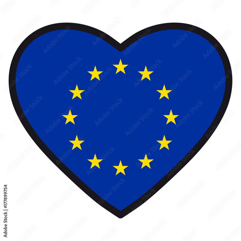 Flag of European Union in the shape of Heart with contrasting contour, symbol of love for his country, patriotism, icon for Independence Day. Flag of European Union in the shape of Heart with contrasting contour, symbol of love for his country, patriotism, icon for Independence Day.
