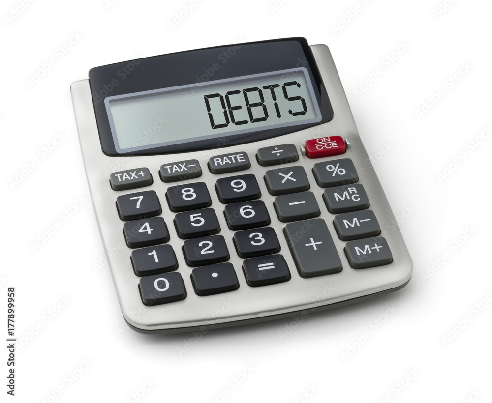 Calculator with the word debts on the display Calculator with the word debts on the display