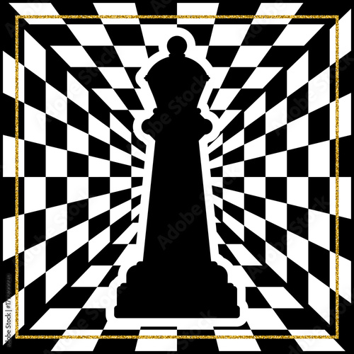 Chessboard with a chess piece Queen and a gold frame. Traditional Christmas holiday game.