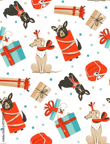 Hand drawn vector abstract fun Merry Christmas time cartoon illustrations seamless pattern with cute funny mammal dogs in vintage Christmas gifts boxes isolated on white background