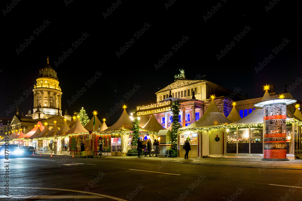 BERLIN, GERMANY - DECEMBER 23, 2016: Beautiful decorated booths and christmas lights at Gendarmenmarkt Christmas Market.