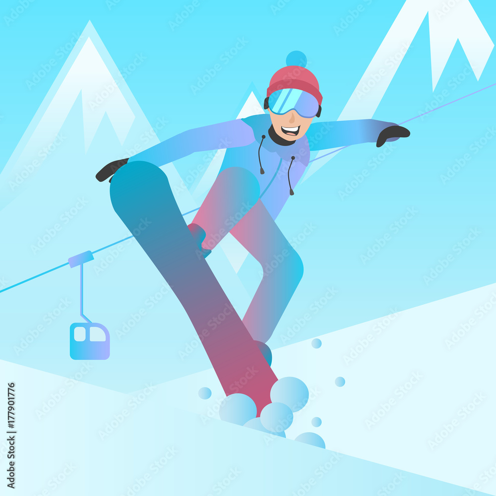 Snowboarder vector illustration. Man jumping on snowboard flat character. Snowboarder on mountain slope background. Winter extreme sport