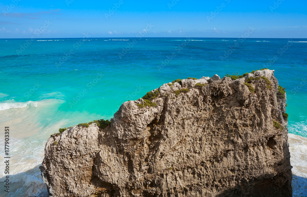 Mexican  Tulum beach with Caribbean sea of Riviera Maya