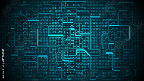 Abstract futuristic electronic circuit board with binary code, matrix background with digits, well organized layers