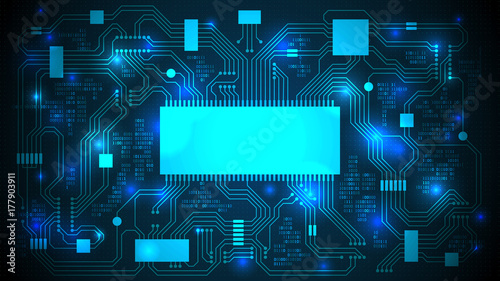 Printed circuit board with a processor, microchips and binary code. Abstract high-tech electronic background, copy space, template; well organized layers