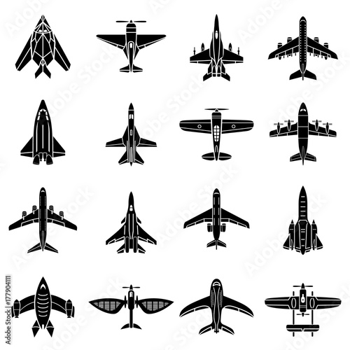 Airplane top view icons set, simple style