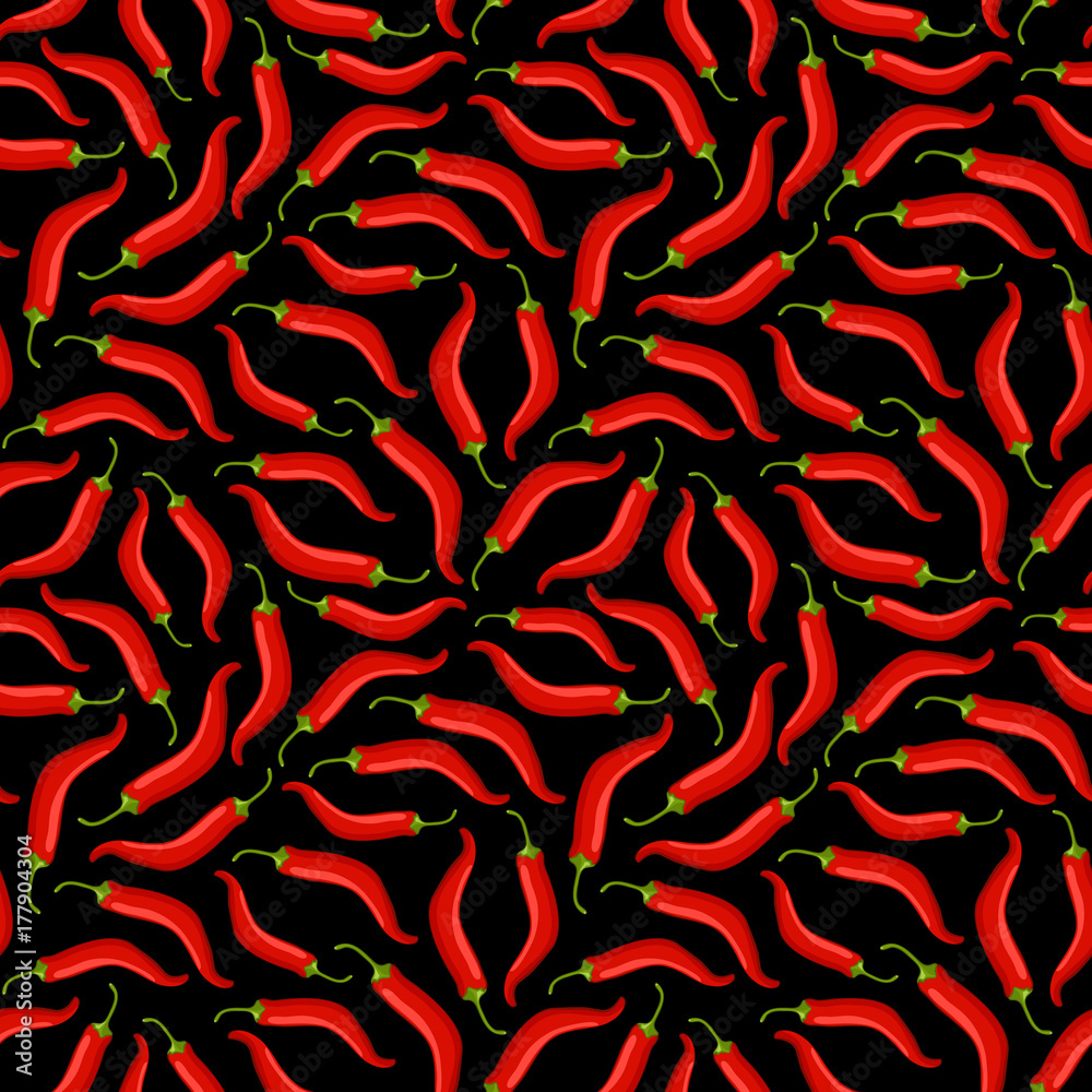 red chilli pepper seamless pattern on black background