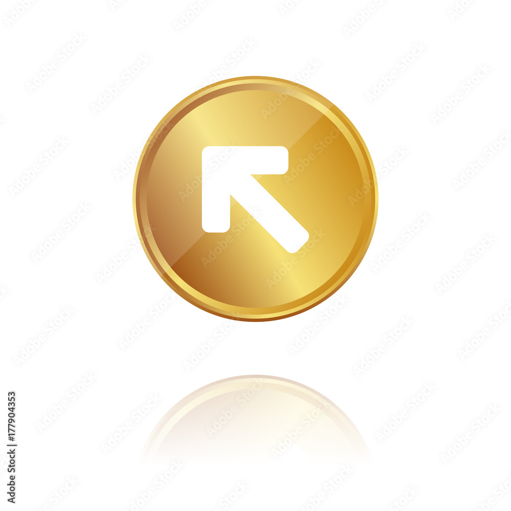 Pfeil nach oben links - Gold Münze mit Reflektion Pfeil nach oben links - Gold Münze mit Reflektion