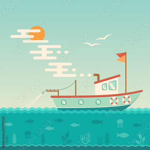  vector illustration of commercial ship, fishing boat at the sea, nautical background