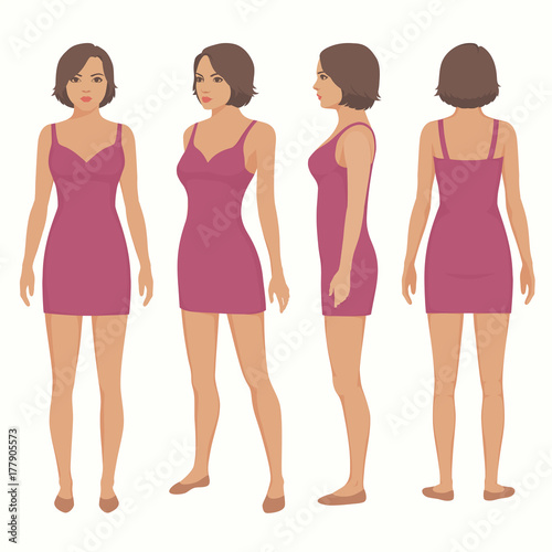  fashion vector illustration , woman isolated in dress, front, back and side view